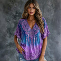 Women's Retro Floral Gradient Art  Casual Flowy Linen Blend Casual Tops