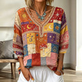 Women's Hippie Sun Moon Stars And Music Art Patchwork Vintage Cotton Linen Casual V-neck Top
