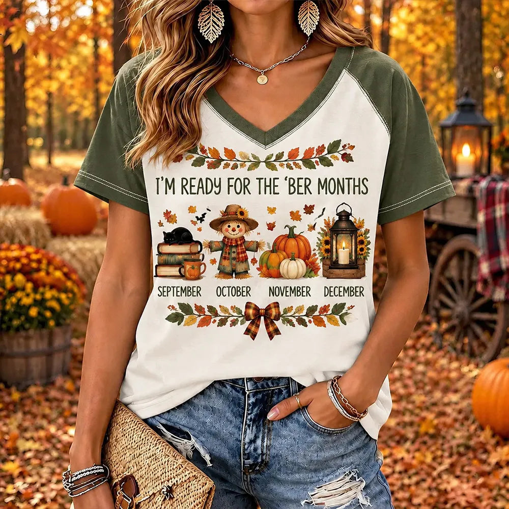 Women's I'm Ready For The 'ber Months Print Short Sleeve V-neck Top