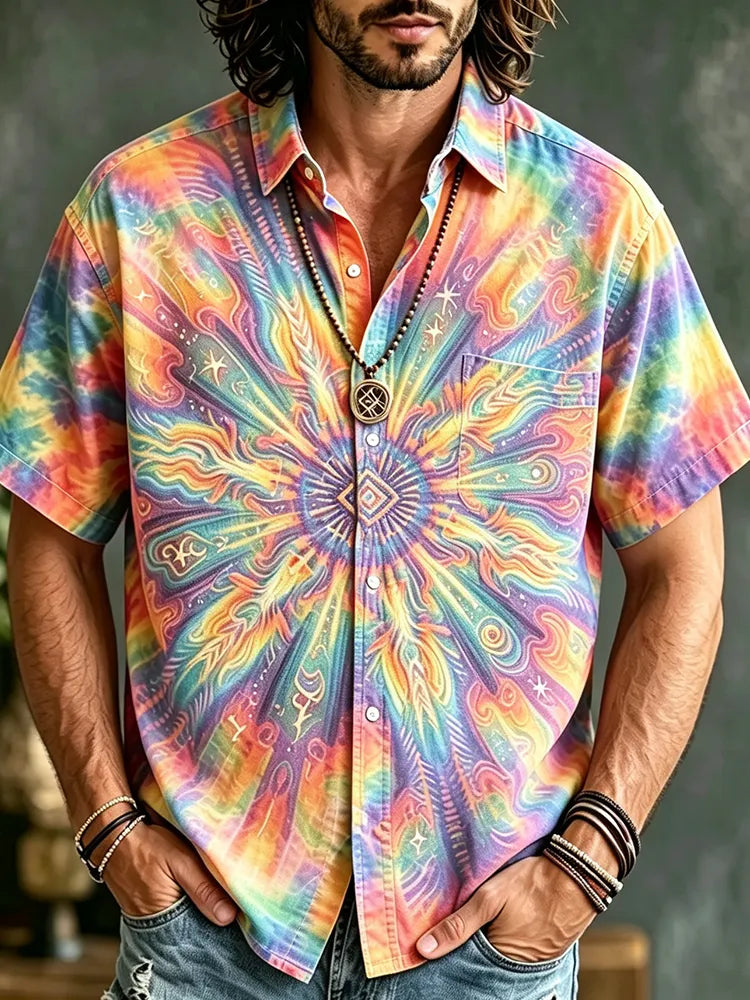 Men's Bohemian-style Tie-dye Short-sleeved Button-down Shirt, Decorated With Sunburst Mandala And Geometric Patterns.