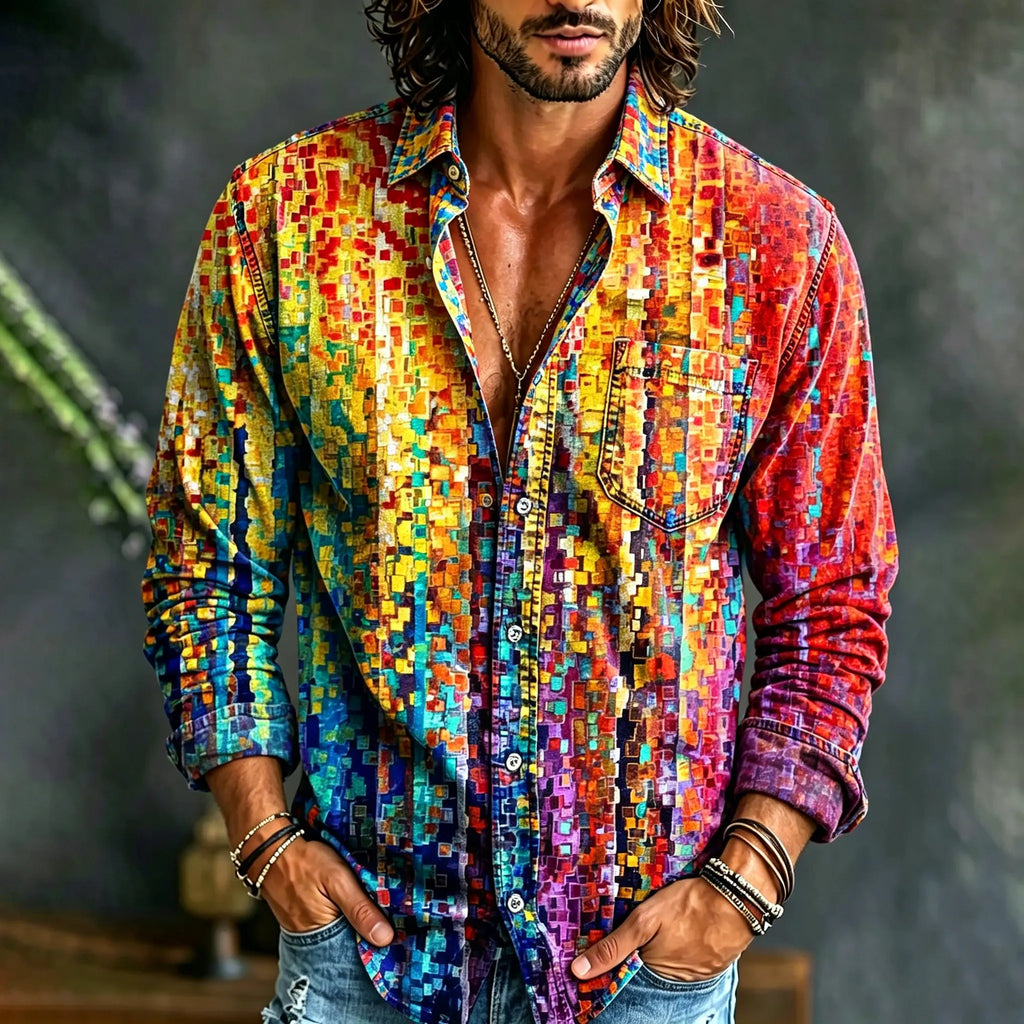 Men's Hippie Retro Color Blocks Art Print Linen Shirt