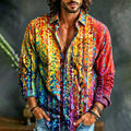 Men's Hippie Retro Color Blocks Art Print Linen Shirt