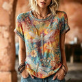Women's Vintage Hippie Floral And Dragonfly In Rainbow Pattern Art Embroidered Linen Blend Shirts