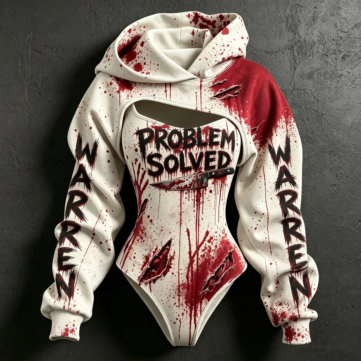 Women's Bloodstained Ripped Muscle Letter Print Halloween Hoodie Two-piece Set