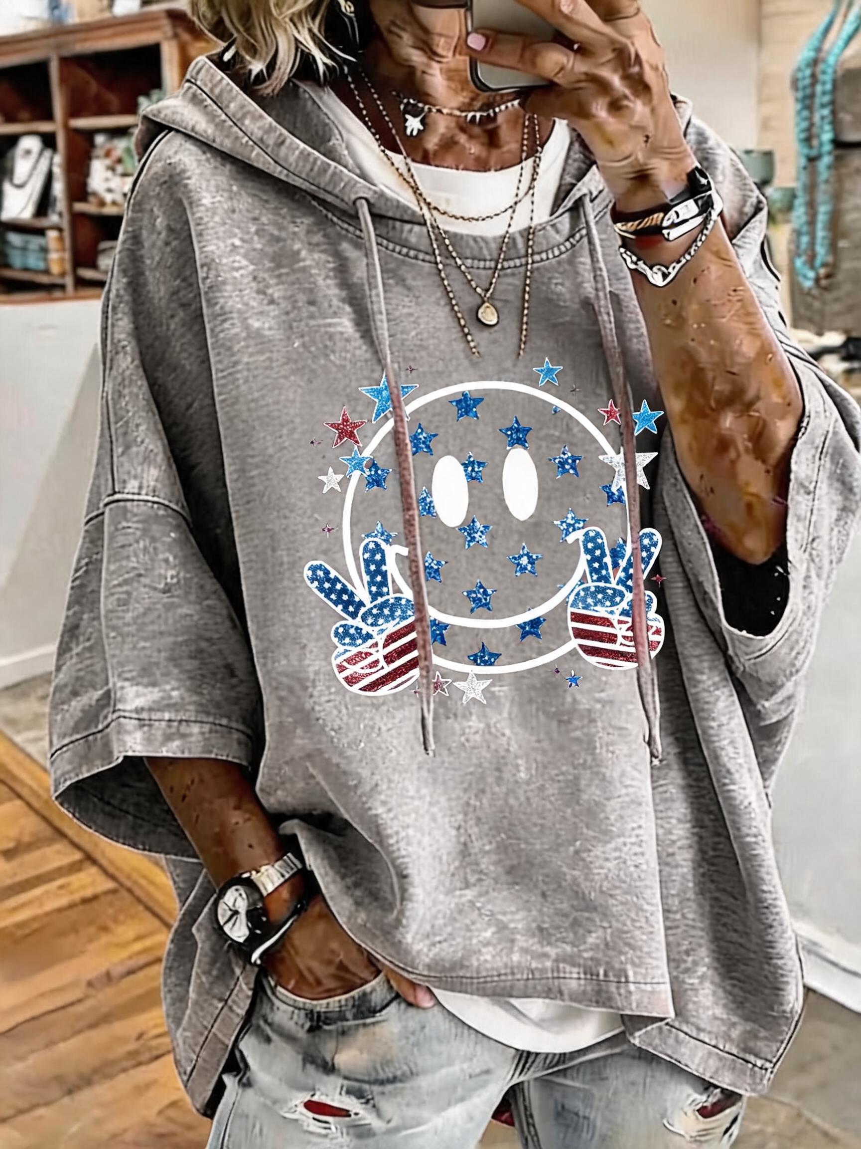 Women's Anniversary Flag Smile Print Oversized Hoodie