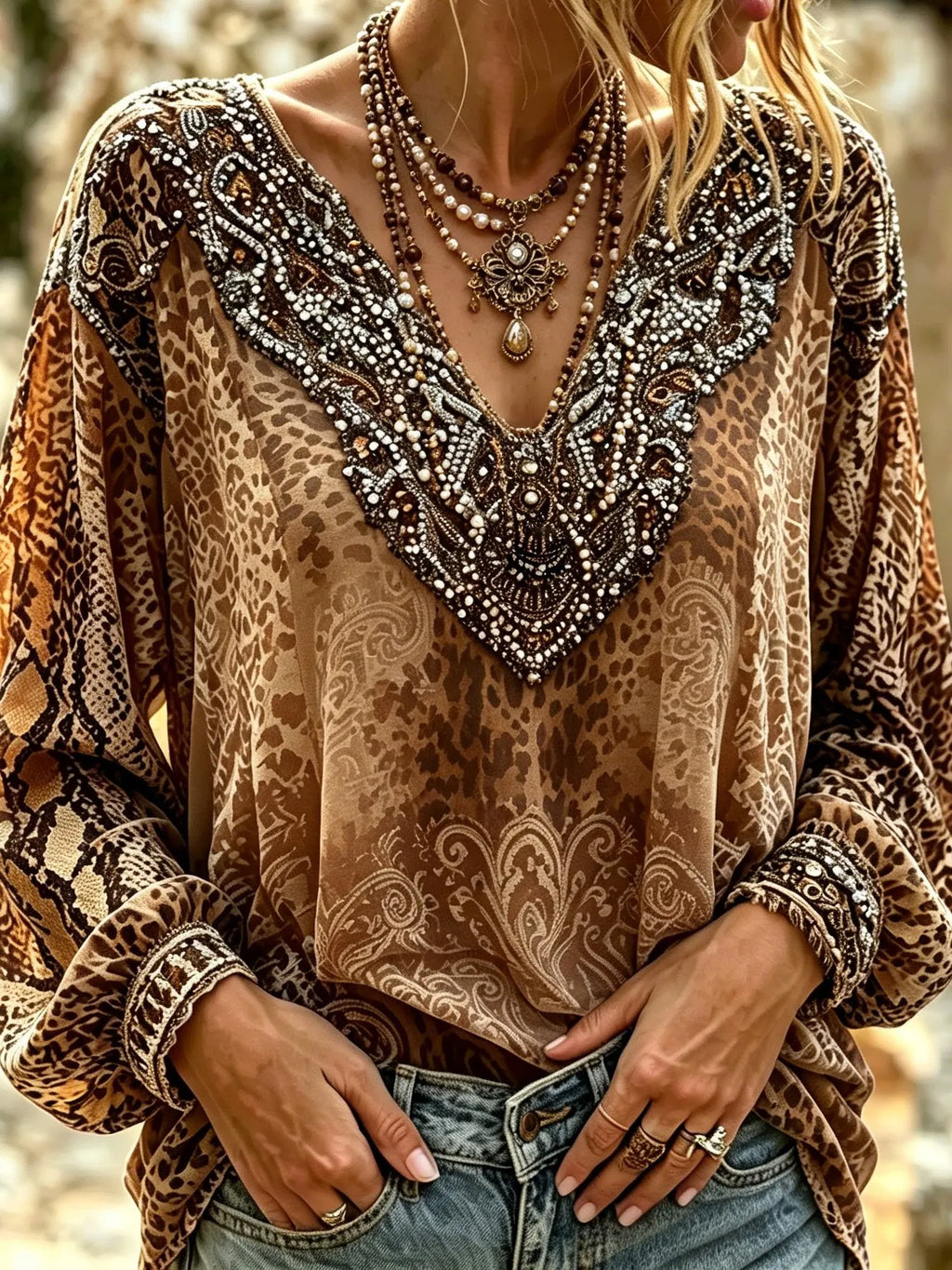 Women's Retro Western Style Leopard Print And Snake Print Top