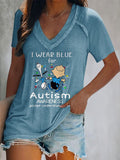 V-neck Autism Awareness I Wear Blue For Autism Print T-Shirt