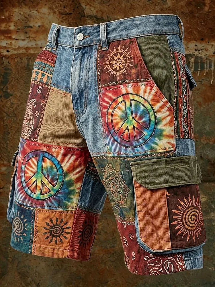 Men's Retro Peace Symbol Bohemian Art Print Cargo Shorts