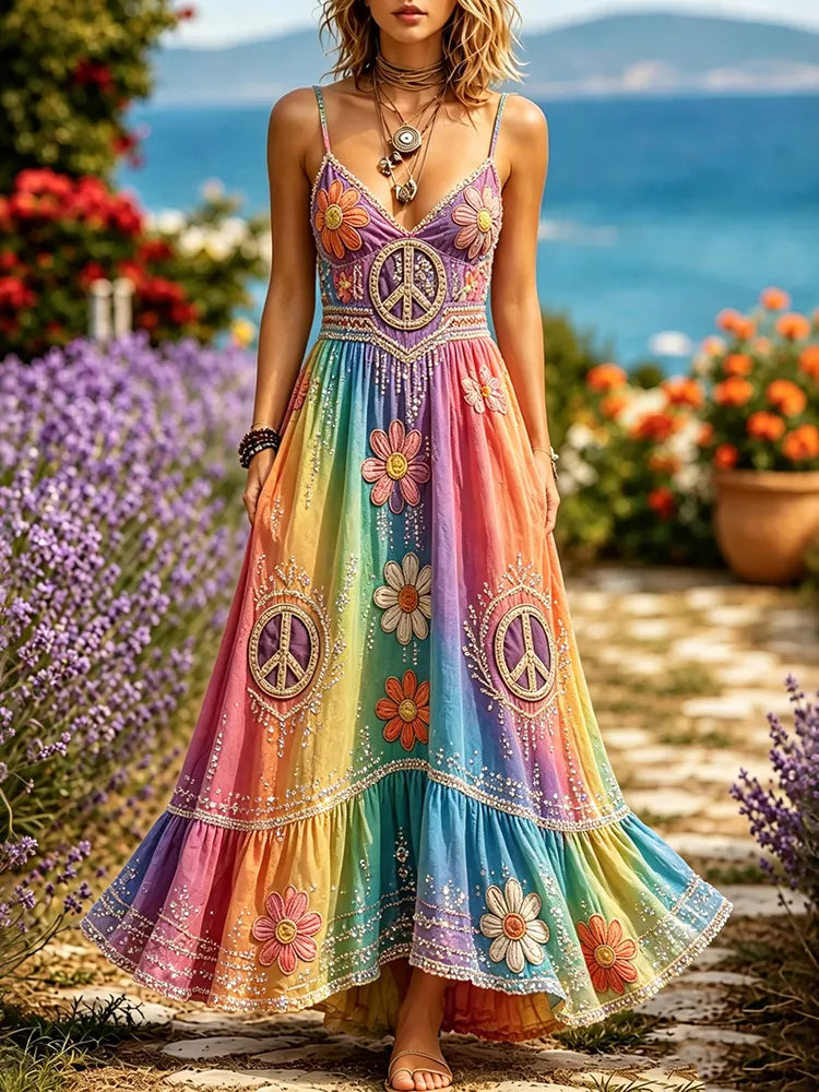 Women's Hippie Tribal Gradient Pattern Art Sleeveless Dress