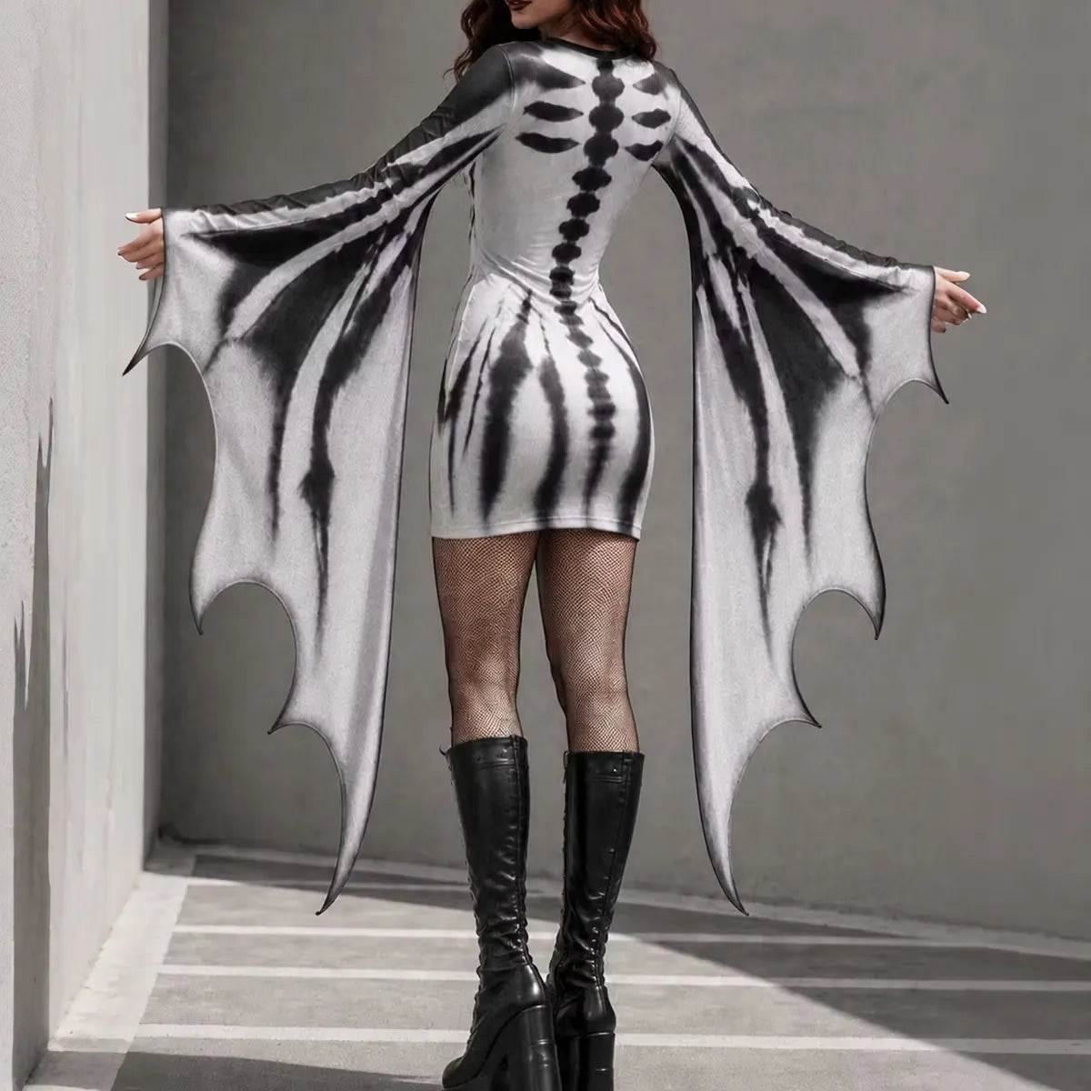 Women's Gothic Skeleton Batwing Flare Sleeve V Neck Bodycon Dress – Halloween Costume