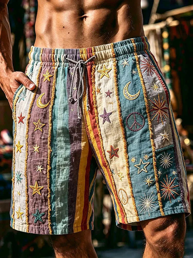 Men's Hippie Patchwork Vintage Star Moon Peace Sign 3d Embroidery Bohemian Beach Shorts