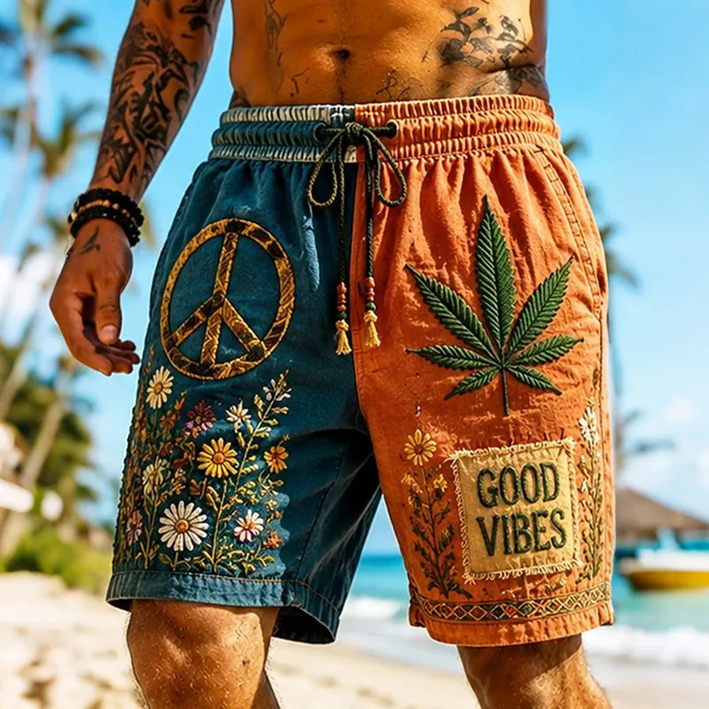 Men's Hippie Retro Patchwork Vacation Cotton Linen Shorts