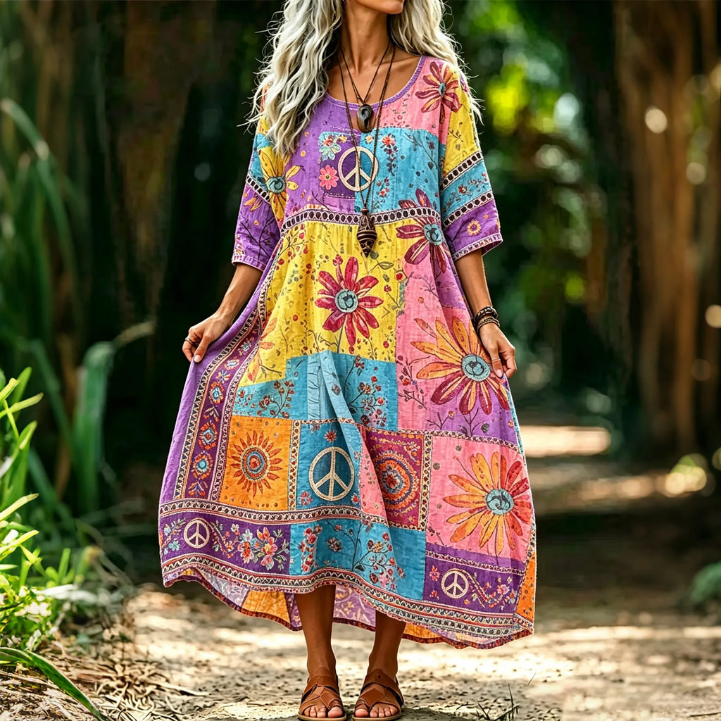 Women's Hippie Retro Floral Vacation Color-blocked Dress