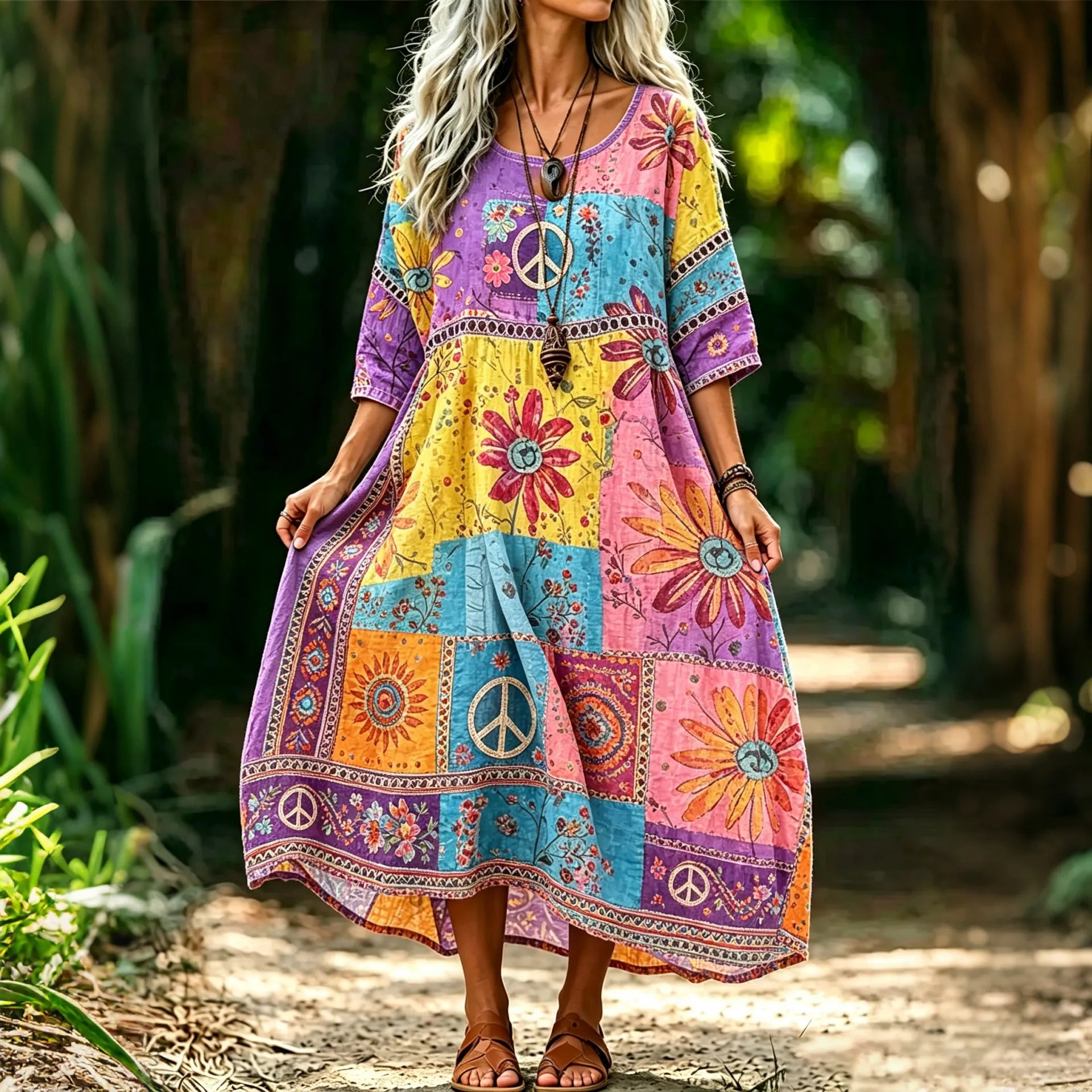 Women's Hippie Retro Floral Vacation Color-blocked Dress