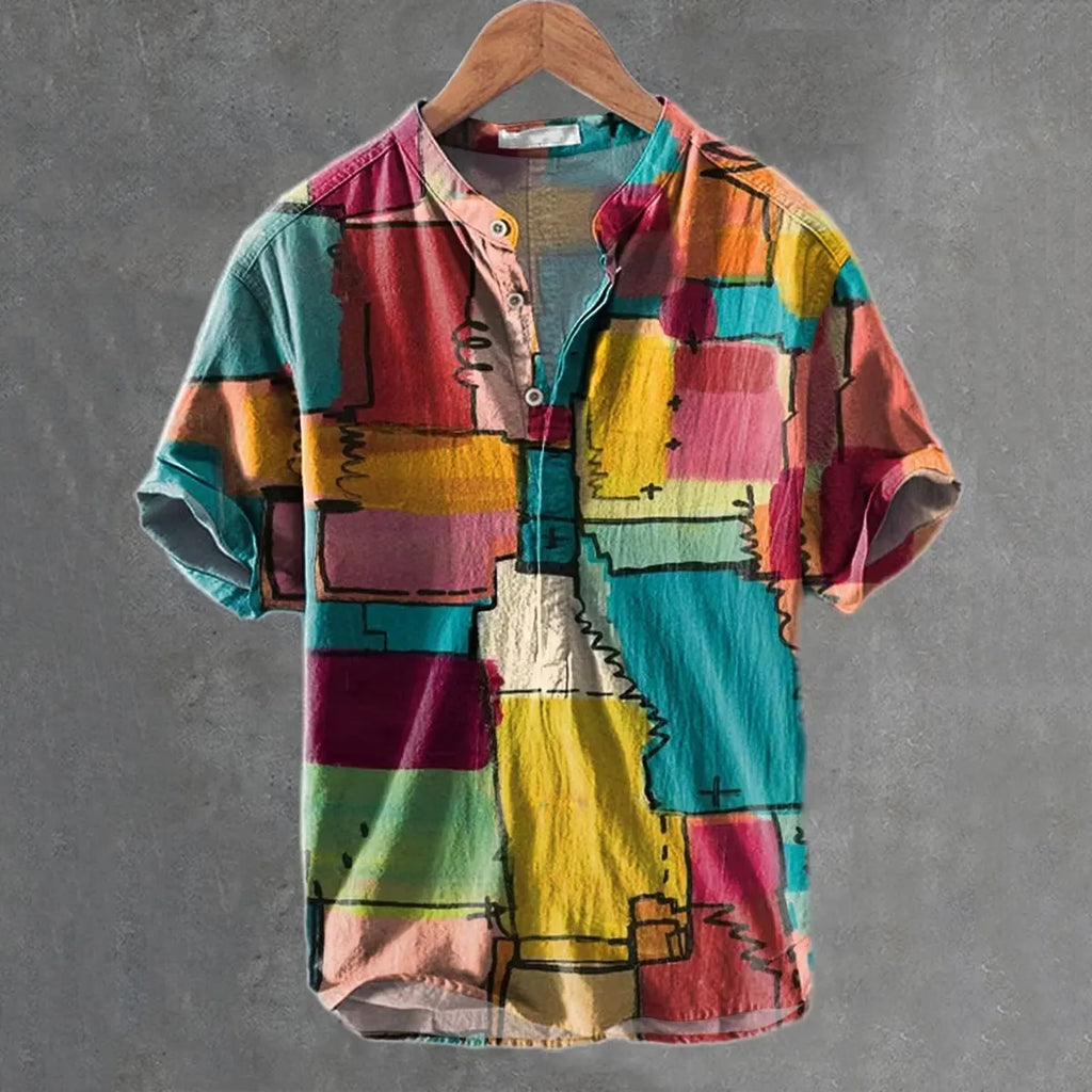 Men's Retro Colored Geometry Linen Blend Short-sleeve Shirt