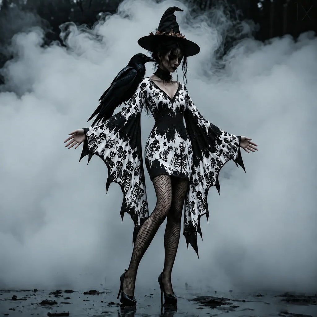 Women's Gothic Skeleton Print Batwing Flare Sleeve V Neck Bodycon Dress – Halloween Costume