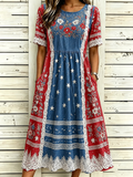 Women's America Flag Prints Cotton Linen Short-Sleeved Dress