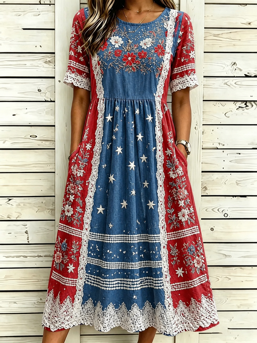 Women's America Flag Prints Cotton Linen Short-Sleeved Dress