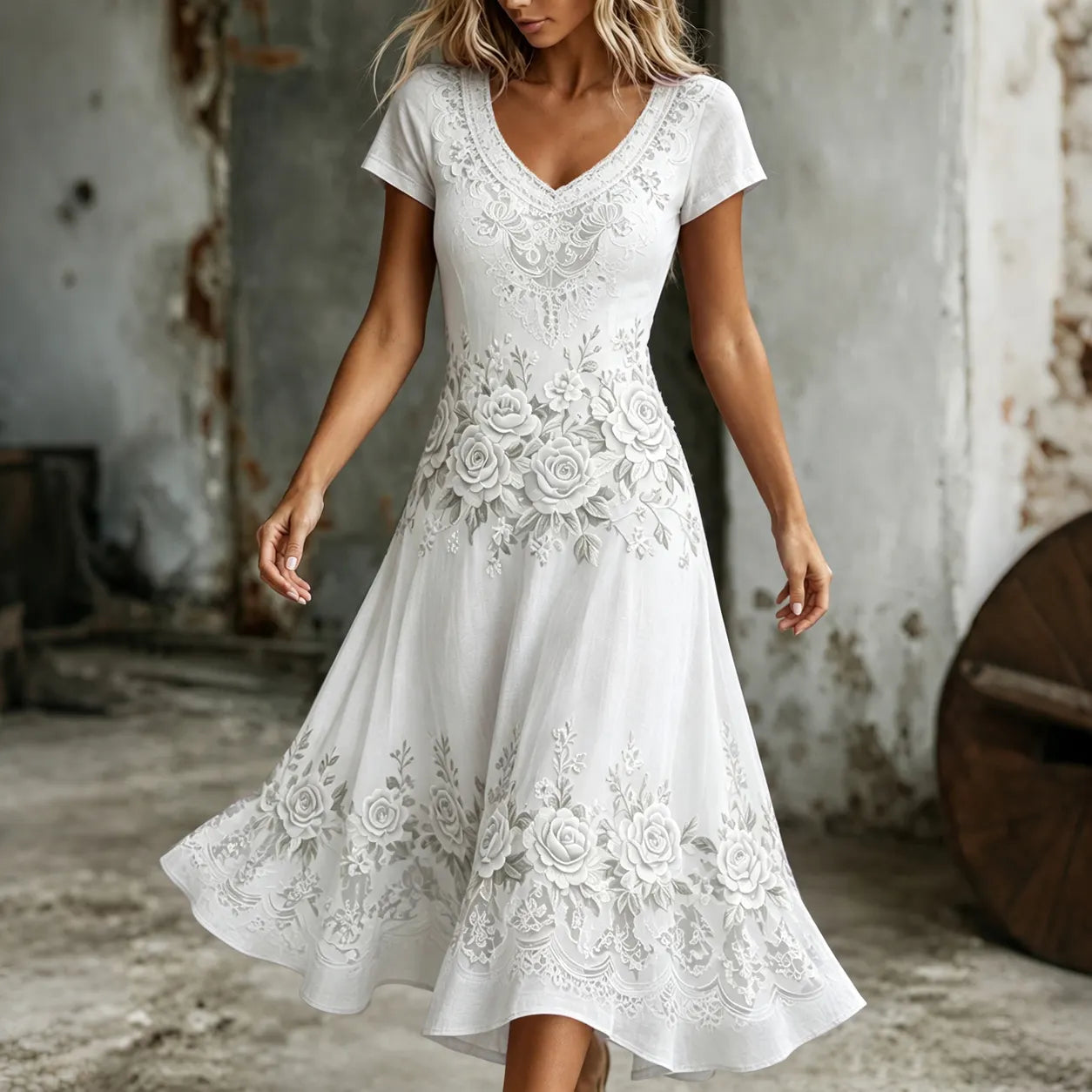 Women's Retro Purple Rose Embroidery Art V Neck Short Sleeve Midi Dress