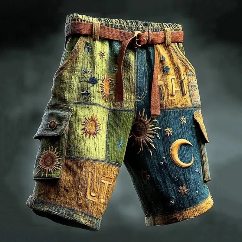 Men's Patchwork Sun Moon Star Boho Art Print Casual Cargo Shorts(no Belt)