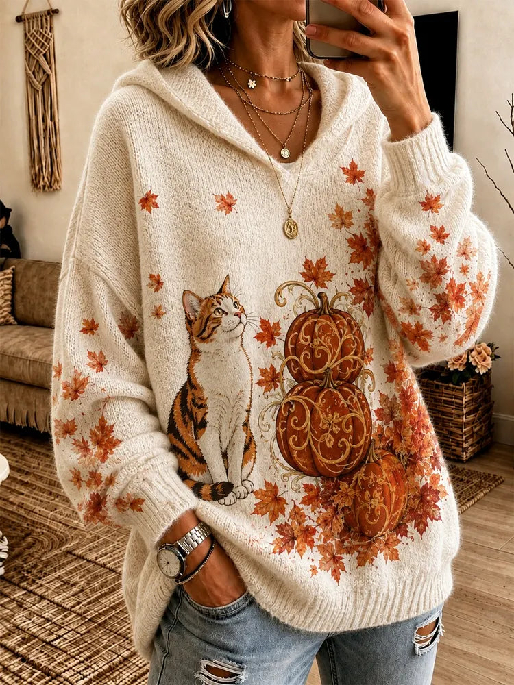Women's Autumn Sweatshirt With Cat, Pumpkin, And Maple Leaf Pattern