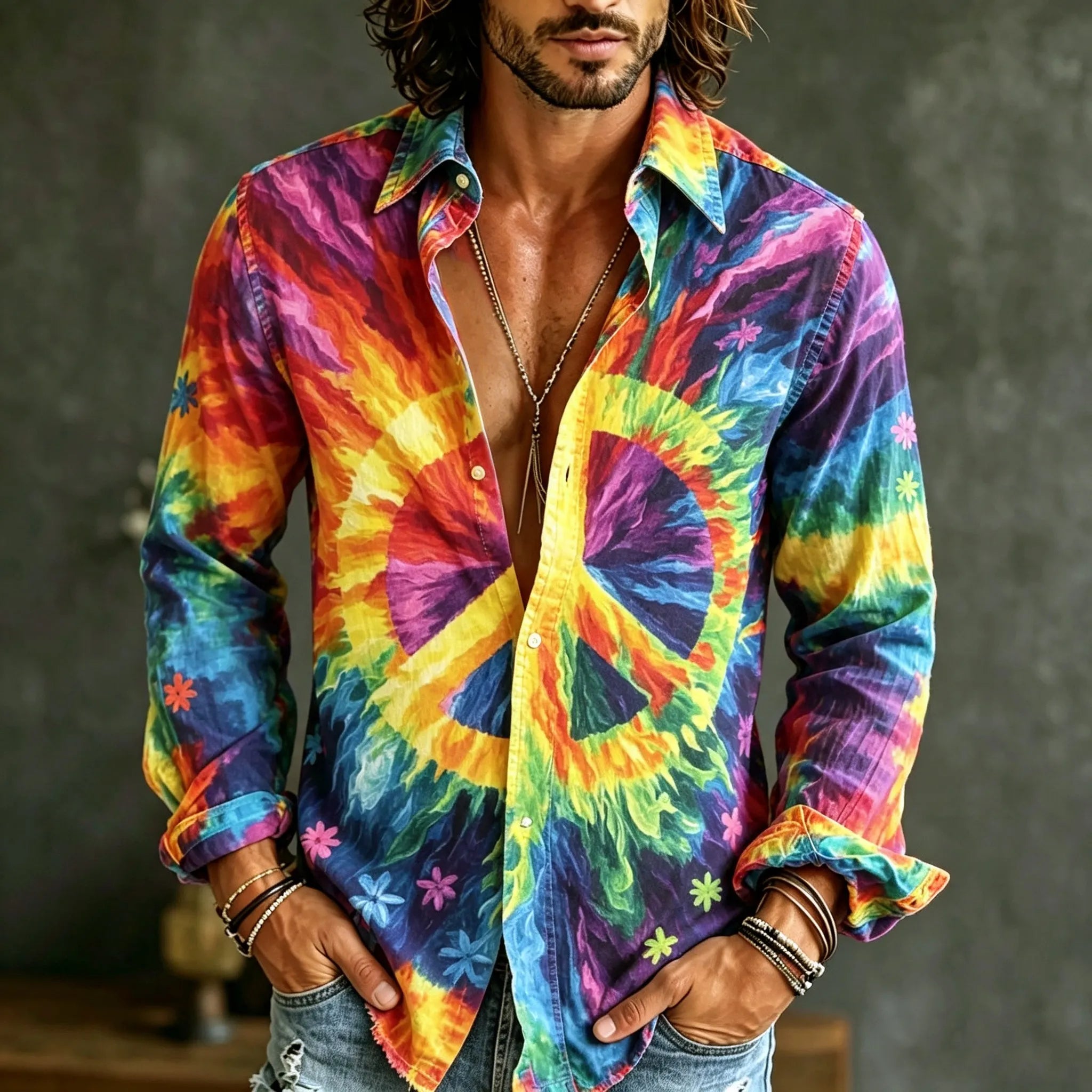 Men's Retro Hippie Style Floral Print Cotton Linen Shirt
