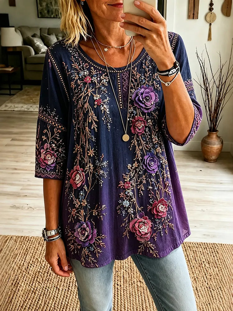 Women's Retro Boho Floral Embroidered Gradient Art Crew Neck T-shirt