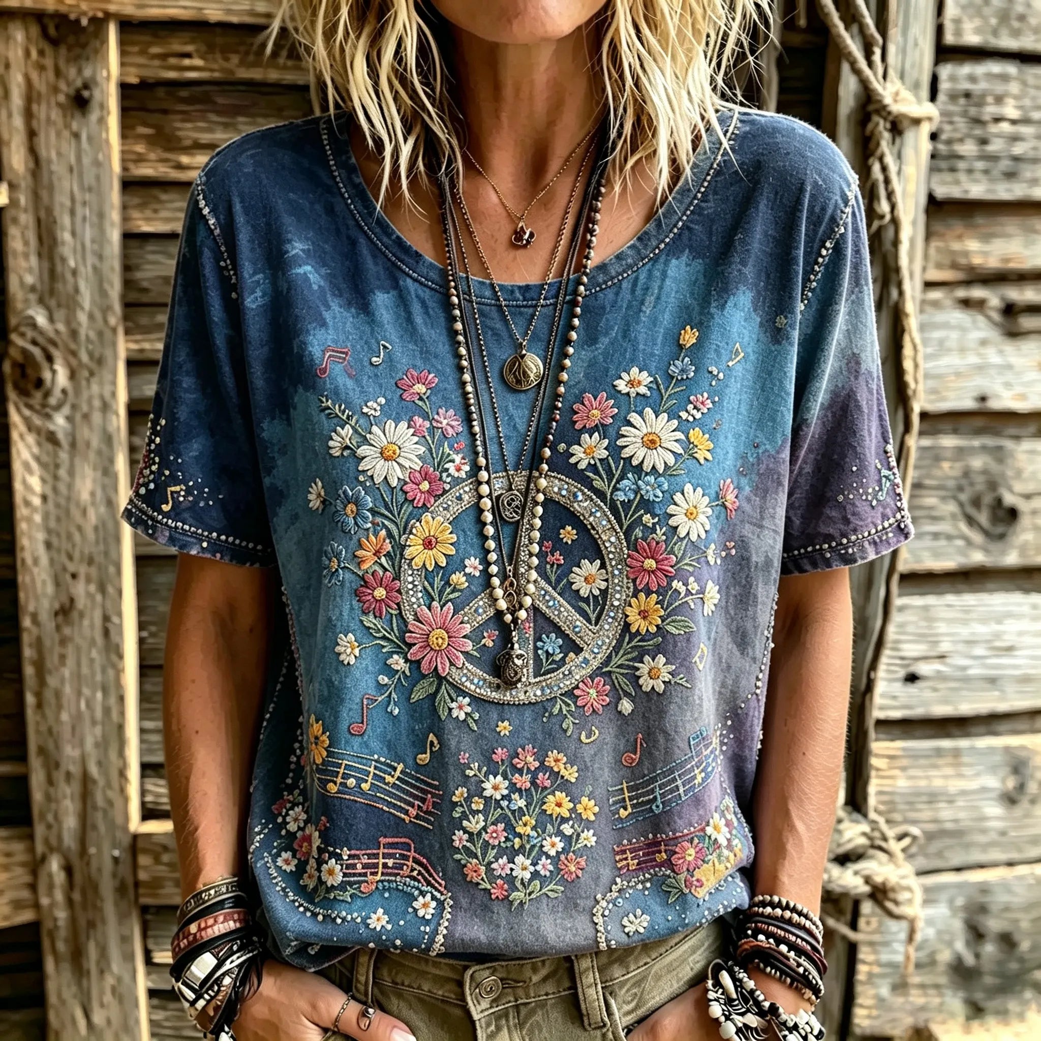 Women's Retro Tie-dye Hippie Peace Logo Floral Art Embroidery Casual Cotton Linen T-shirt