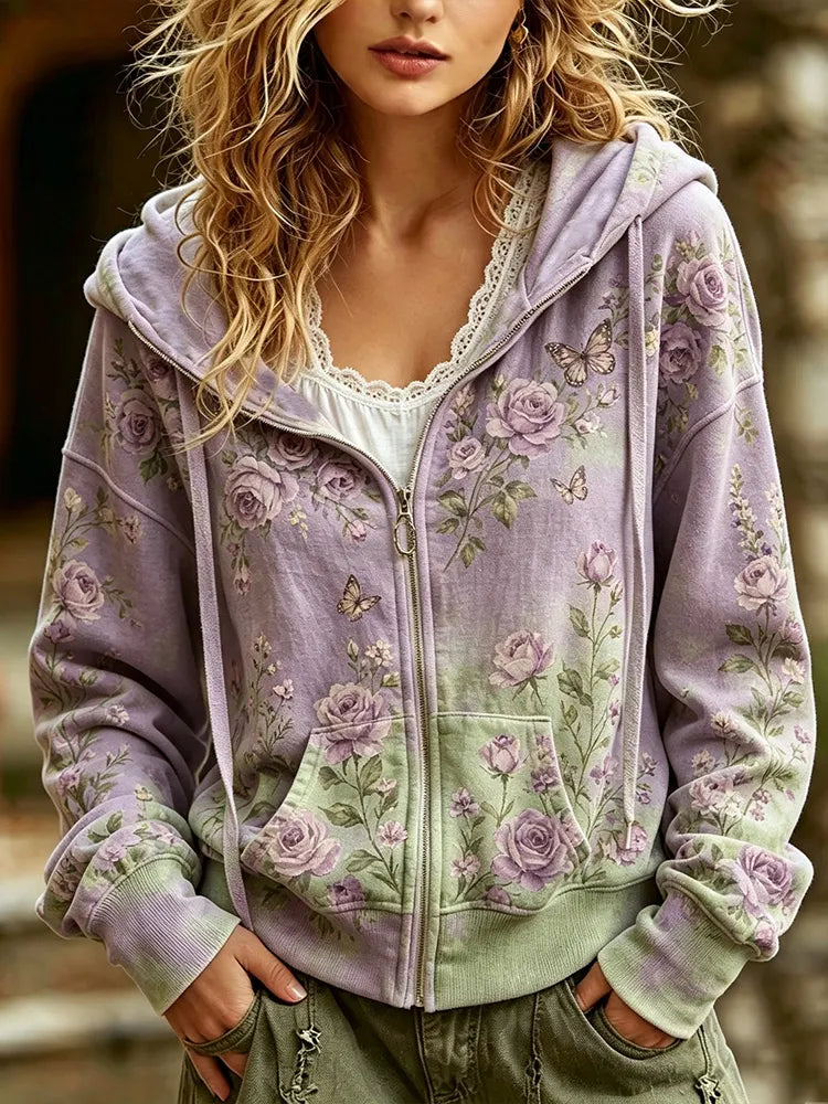 Vintage Rose And Butterfly Art Traditional Tie-dye Casual Hoodie