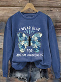 Retro Autism Awareness Butterfly I Wear Blue For Autism Awareness Print Sweatshirt