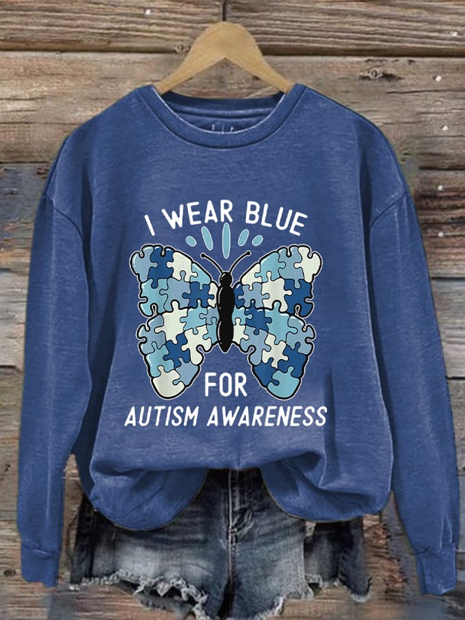 Retro Autism Awareness Butterfly I Wear Blue For Autism Awareness Print Sweatshirt