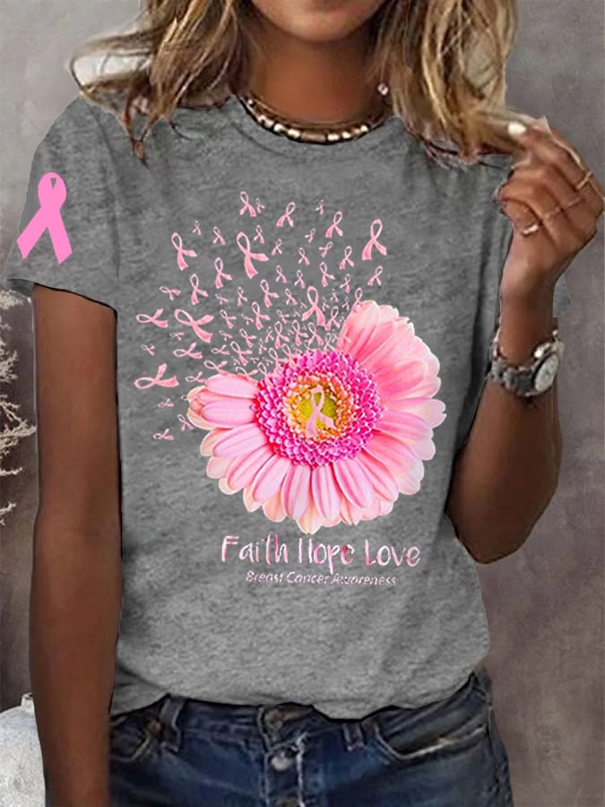 Women's Pink Sunflower Faith Hope Love Breast Cancer Awareness Warrior Tee