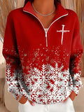 Women's Christmas Cross Print Zipper Stand Collar Sweatshirt