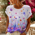 Women's Casual Short Sleeve Crew Neck T-shirt With Ombre Gradient Background And Watercolor Wildflowers Print