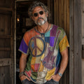 Men's Hippie Peace & Guitar Patchwork Retro Boho Print T-shirt