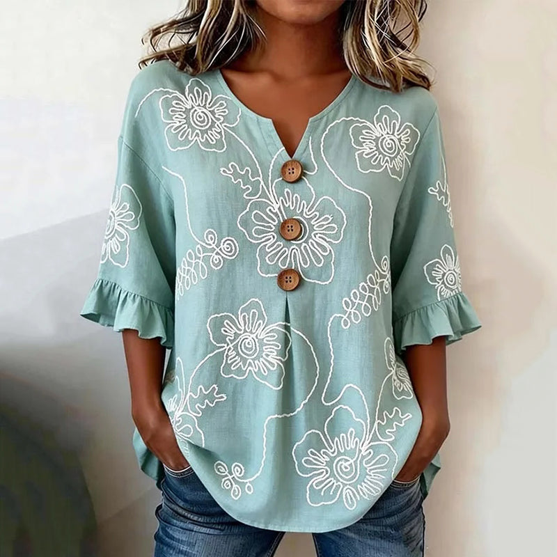Women's Vintage Floral Print Short Sleeved Shirt
