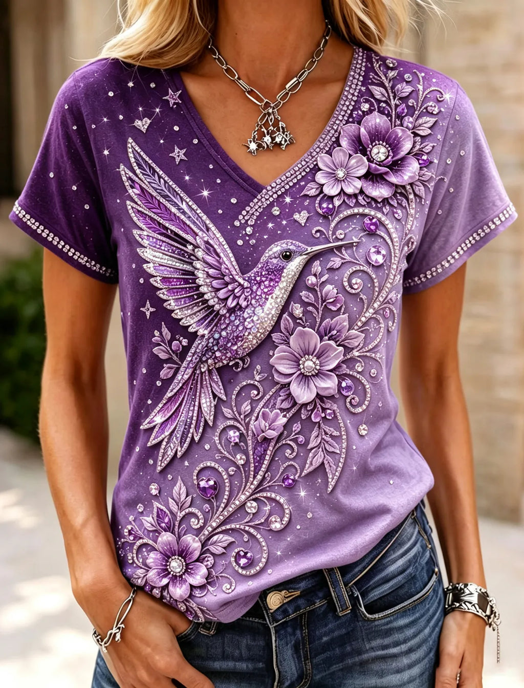 Vintage Classy Gradient Purple Floral And Birds Artcotto T-shirt