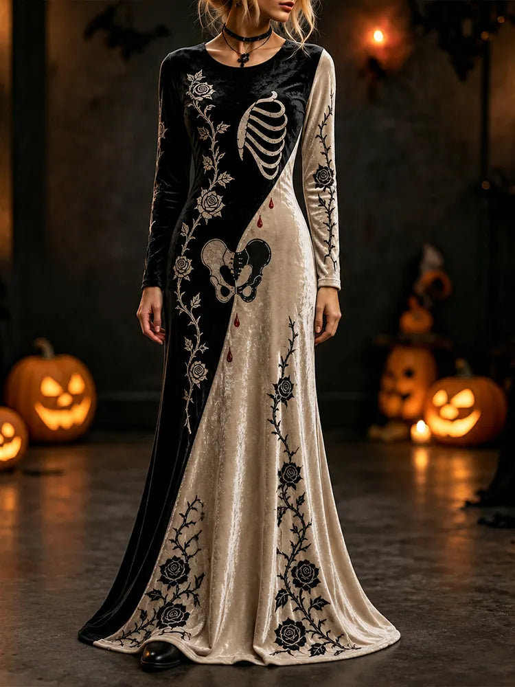 Women's Crewneck Long Sleeve Maxi Dress - Gothic Split-tone Design, Skeletal Ribcage And Pelvis Anatomy, Dripping Blood Splatters, And Twining Rose Vines Print Dress