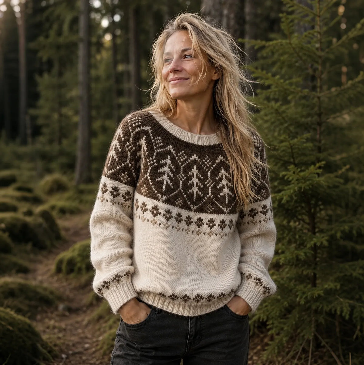 Women's Vintage Forest Motif Print Knitted Comfort Round Neck Sweater