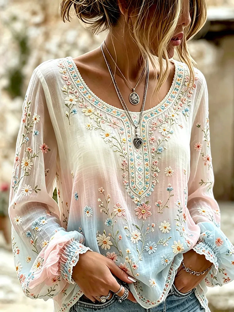 Women's Vintage Floral Art Print Flowy Linen Blend Linen Blend Long Sleeve Casual Tops