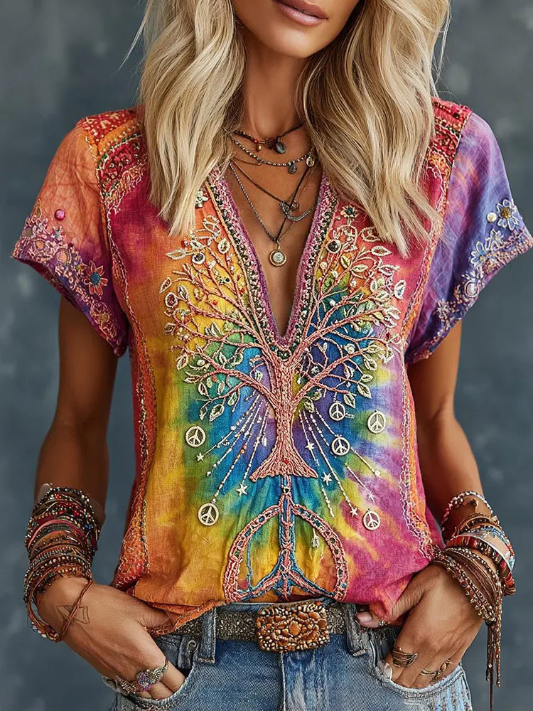 Women's Hippie Vintage Tree Of Life Sun Moon Peace Tie Dye Linen Blend Top