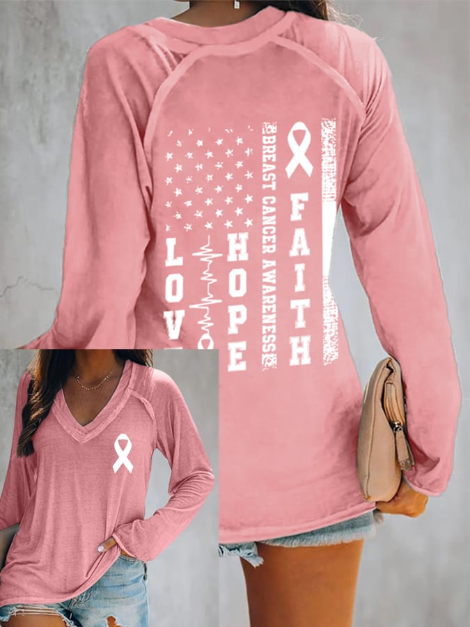Women's Faith Hope Love Breast Cancer Awareness  Print Long Sleeve T-Shirt