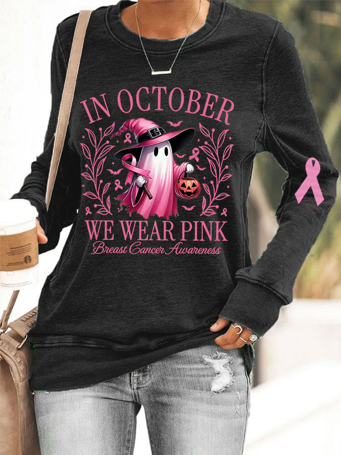 Women's In October We Wear Pink Halloween Ghost Breast Cancer Awareness Warrior Sweatshirt