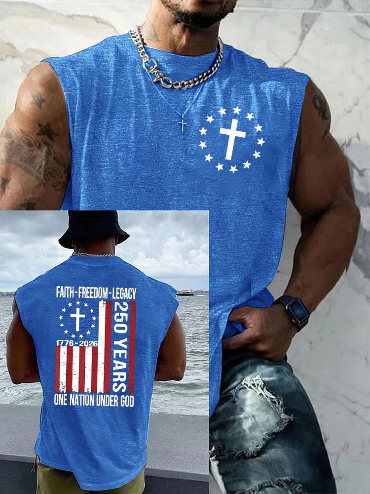 Faith Freedom Legacy One Nation Under God Pattern Round Neck 100% Cotton Tank Top