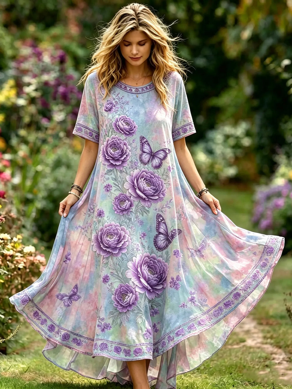 Women's Vintage Celtic Knot And Purple Floral Pattern Casual Round Neck Dress