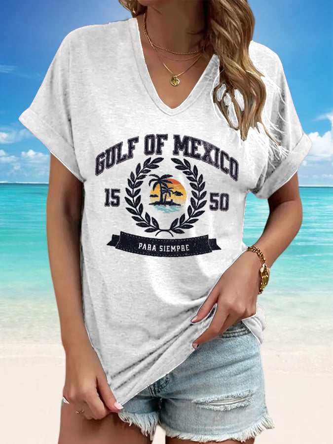 Retro Women's Gulf Of Mexico Print V-Neck Short Sleeve T-Shirt