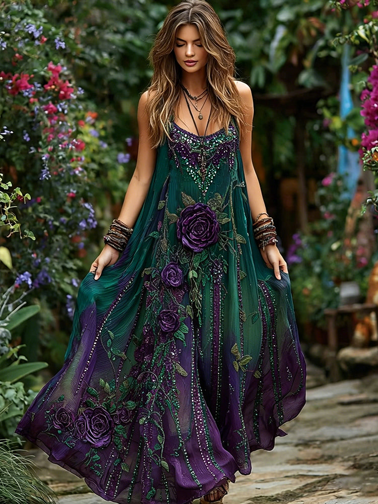 Women's Retro Boho Purple Floral Gradient Sleeveless Maxi Dress