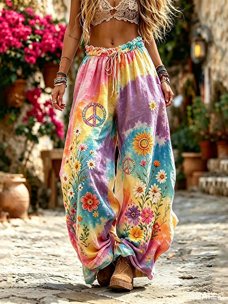 Women's Hippie Floral Pattern Art Embroidered Linen Blend Pants