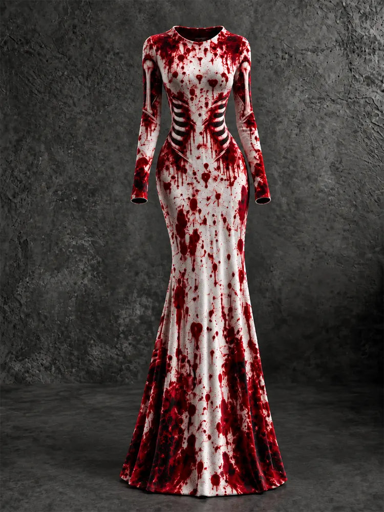 Women's Halloween Bloodstain Skull Print Round Neck Long Dress