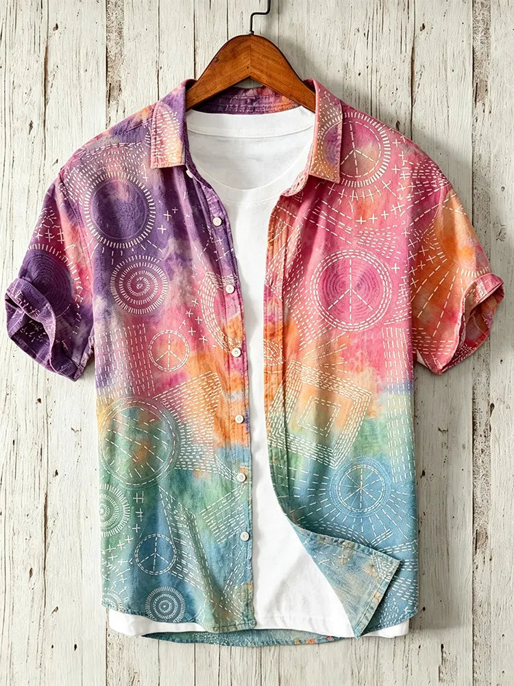Men's Hippie Peace Traditional Sashiko Gradient Art Linen Blend Shirt